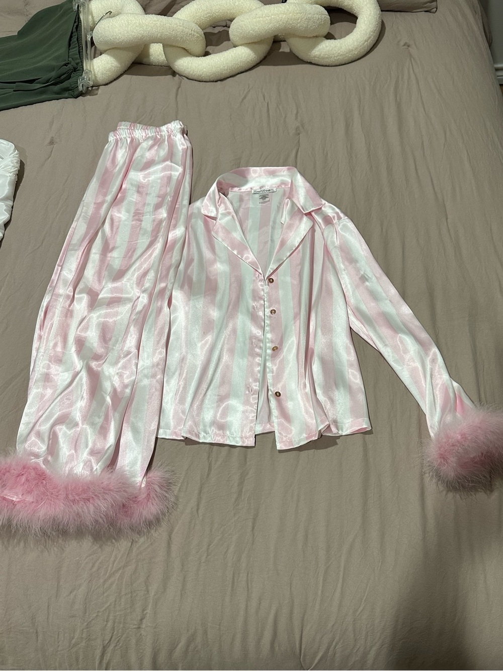 Pink Satin Striped Pajama Set with Feather Cuffs